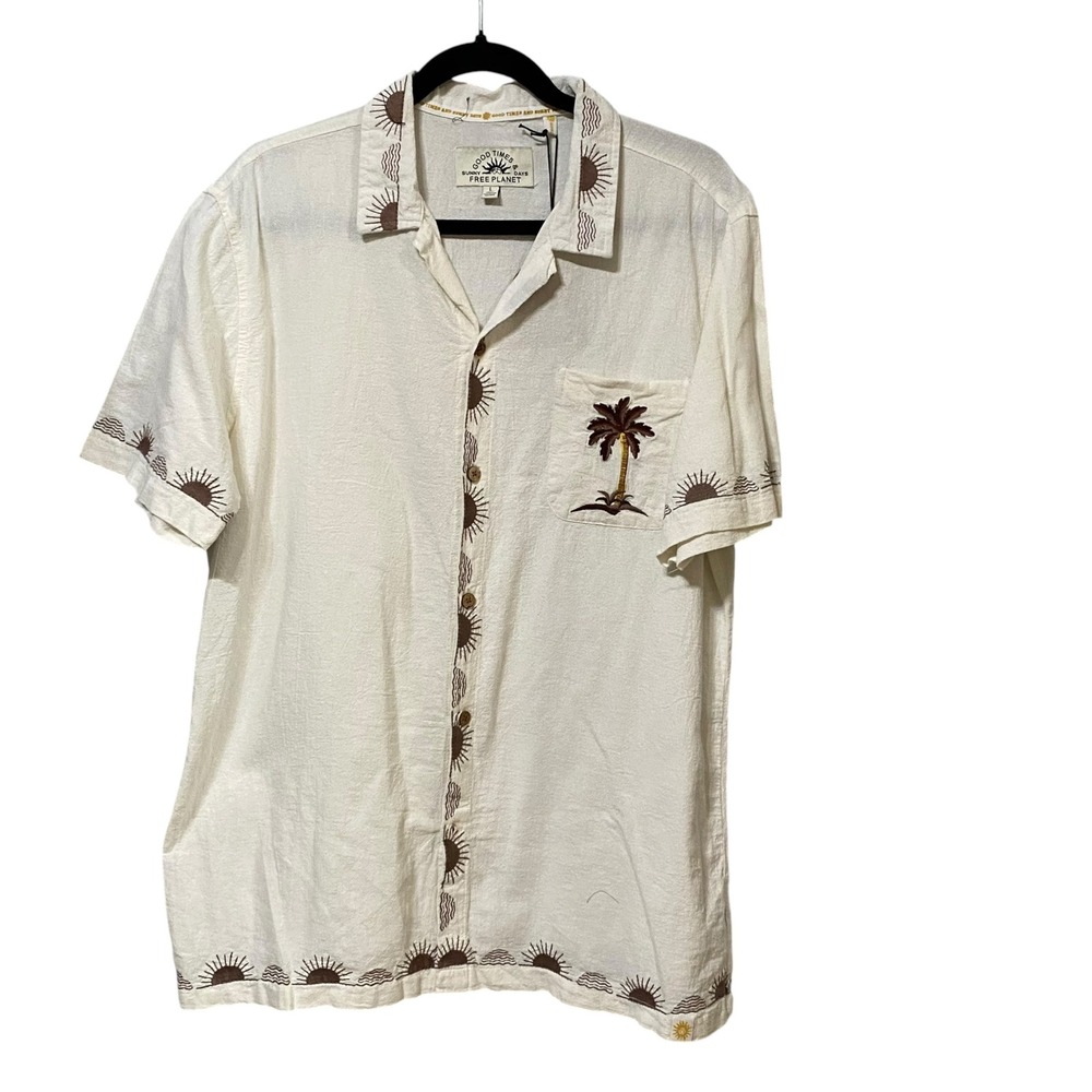 Free Planet Mens Cotton Linen Sun Palm Tree Embroidered Button Down Shirt Large